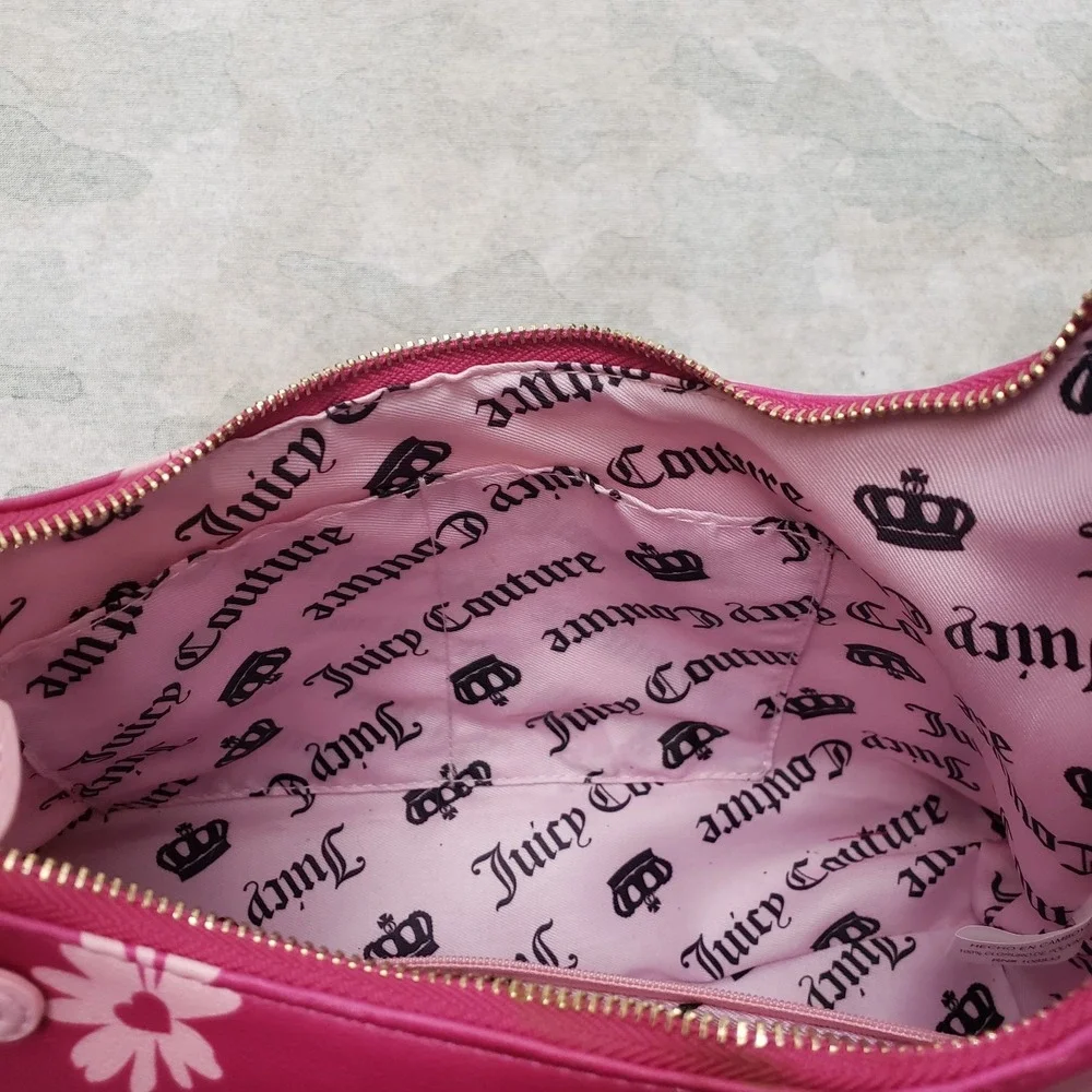 Juicy Couture Purse Womens Pink Leather Embroidered Daisy For Justice W/ Charm